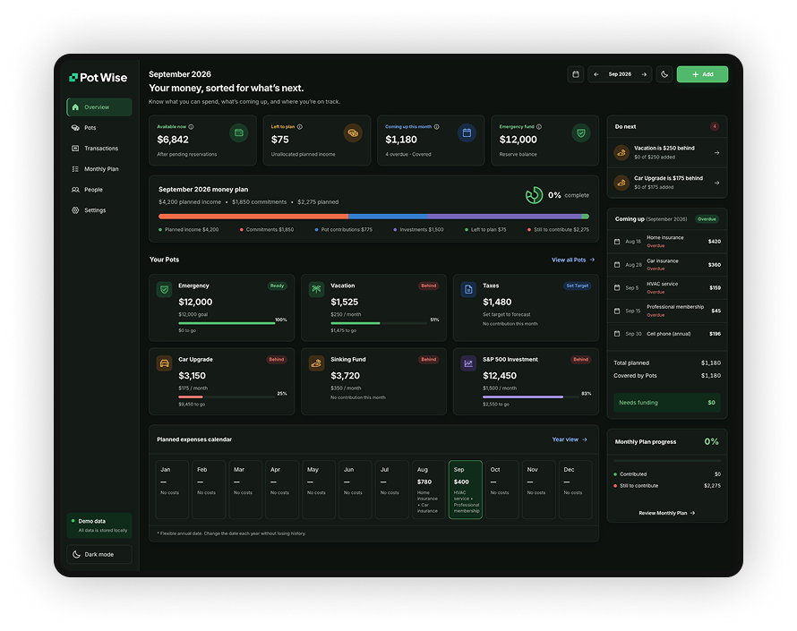 Pot Wise desktop Overview in dark mode